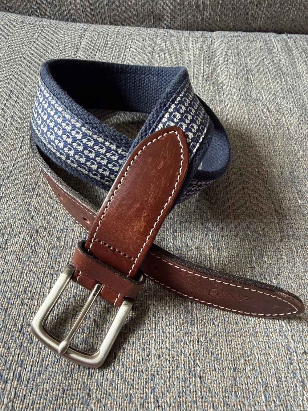 Vineyard Vines Men’s Blue/White Car 🚙 Canvas/Leather Belt Size: 32
